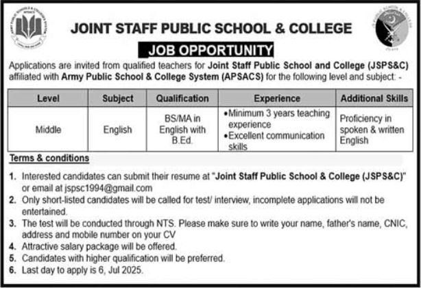 Joint Staff Public School & College Rawalpindi Jobs 2025 – Divisional Public School and College Jobs 2025 — original advertisement