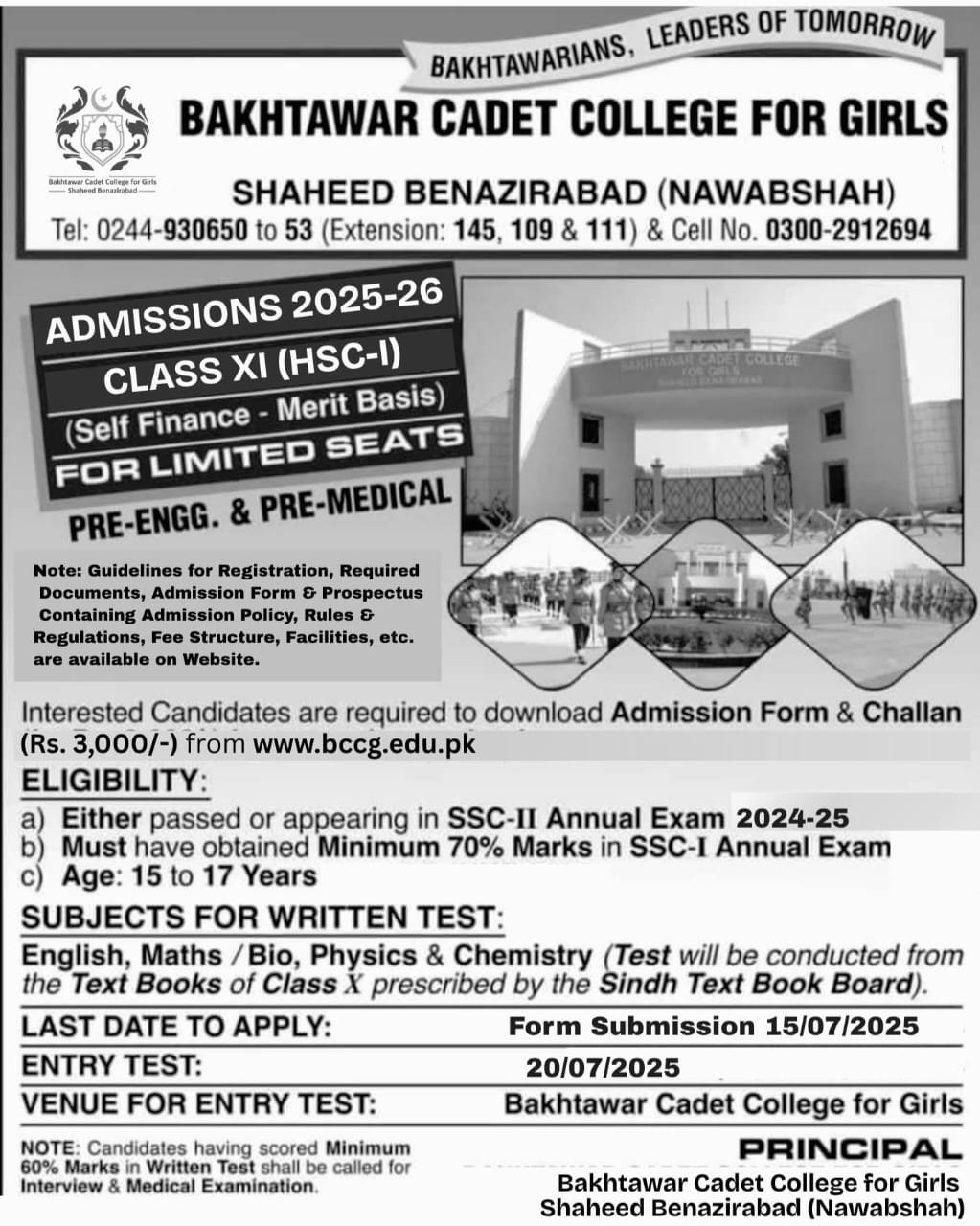 Admission Open in Bakhtawar Cadet College For Girls – Bakhtawar Cadet College for Girls Shaheed Benazir abad Admissions 2025 — original advertisement