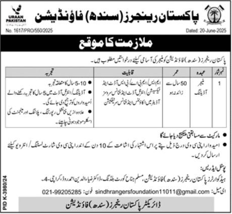 Pakistan Rangers Karachi Jobs 2025 – Sindh Rangers Jobs 2025 — original advertisement