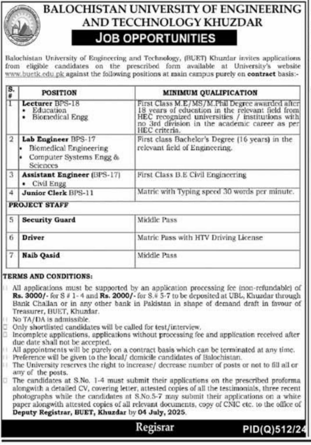 Balochistan University of Engineering and Technology Jobs – Balochistan University of Engineering and Technology BUETK Khuzdar Jobs 2025 — original advertisement