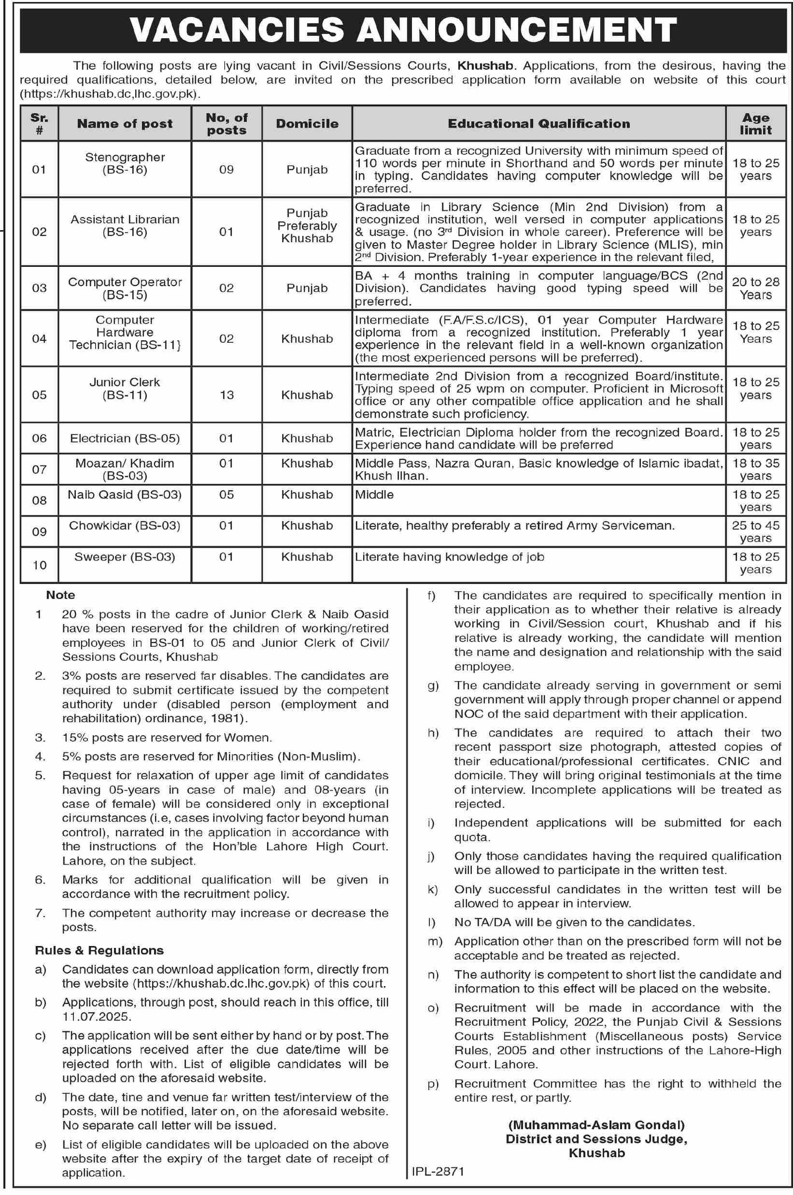 District & Session Court Khushab Jobs 2025 For Stenographer – District & Session Judge Jobs 2025 — original advertisement