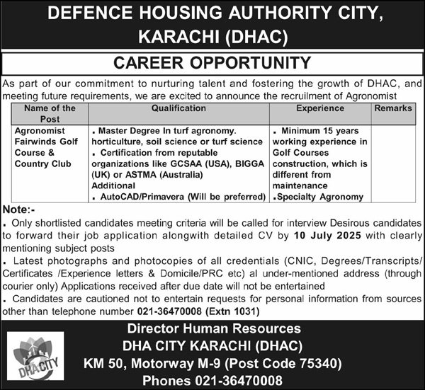 DHAC Defence Housing Authority City Karachi Jobs 2025 Jobs 2025 — original advertisement