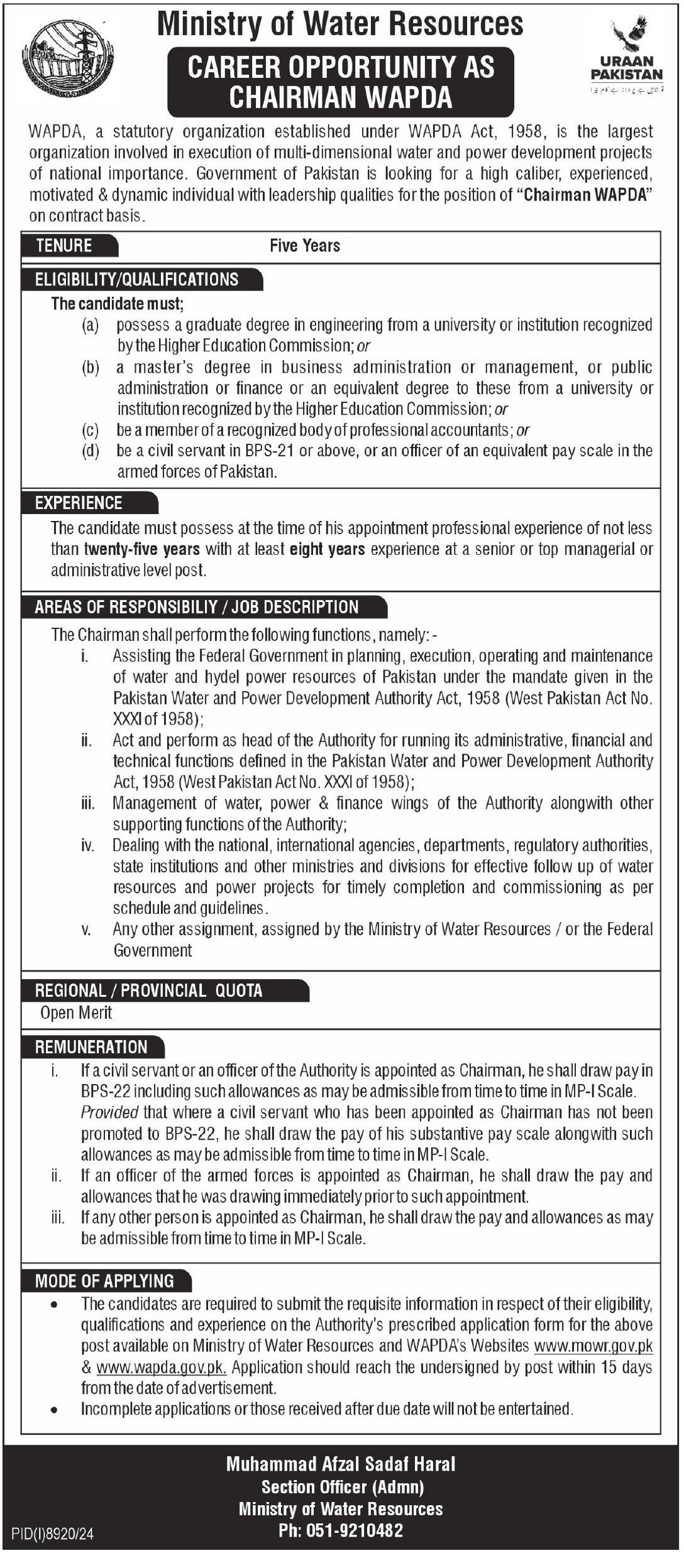 Ministry Of Water Resources MOWR Islamabad Jobs 2025 – Ministry of Water Resources Islamabad Jobs 2025 — original advertisement