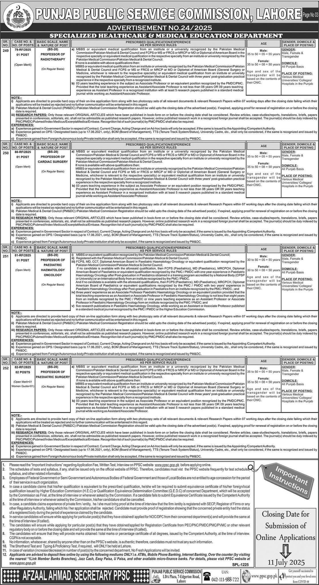 Punjab Public Service Commission PPSC Jobs 24/2025 – Punjab Public Service Commission Lahore Jobs 2025 — original advertisement