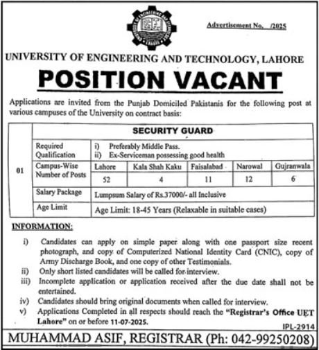University Of Engineering And Technology UET Lahore Job 2025 – University of Engineering  & Technology Lahore Jobs 2025 — original advertisement