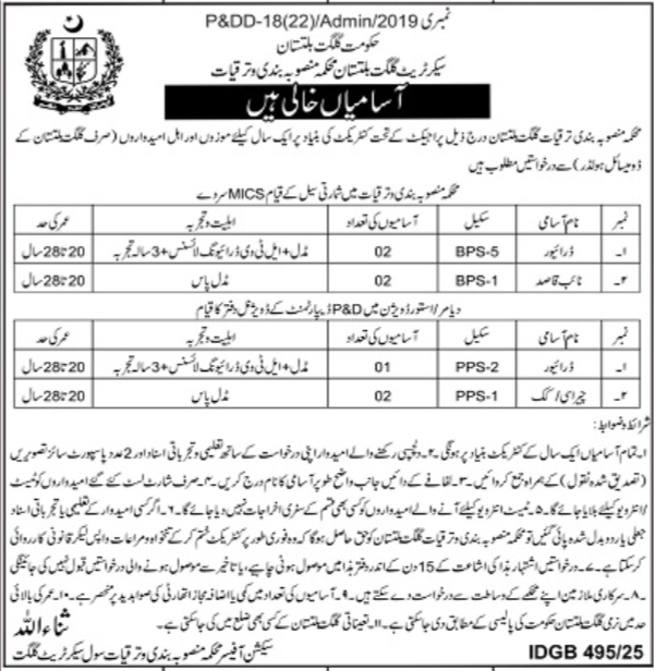 Planning & Development Department P&DD Gilgit Jobs 2025 – Planning & Development Department Gilgit Baltistan Jobs 2025 — original advertisement