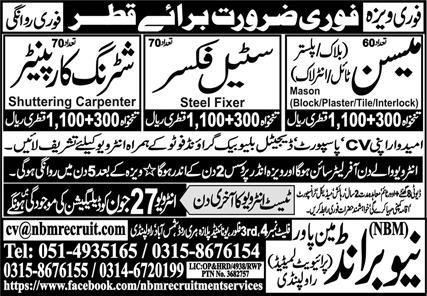 Plaster Mason & Shuttering Carpenter Jobs 2025 In Qatar – New Brand Manpower Jobs 2025 — original advertisement