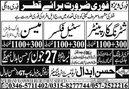 Interlock Mason & Tile Mason Jobs 2025 In Qatar – Hassan Abdal Trade Test & Training Center Jobs 2025 — original advertisement