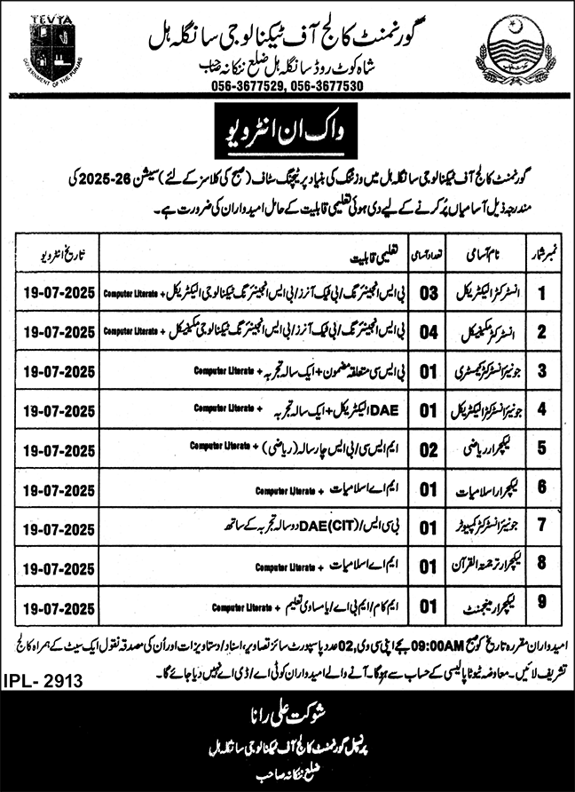 Government College Of Technology Nankana Sahib Jobs 2025 – Government College Of Technology For Women Jobs 2025 — original advertisement