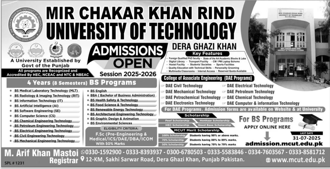 Admission Open in Mir Chakar Khan Rind University of Technog – Mir Chakar Khan Rind University Sibi Admissions 2025 — original advertisement