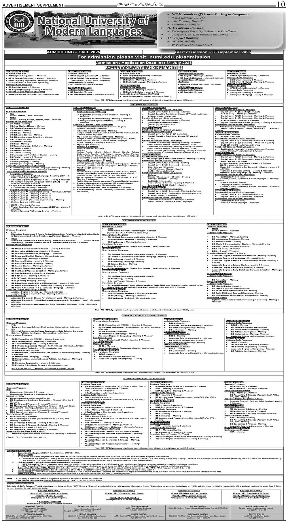 Admission Open in National University of Modern Languages – National University of Modern Languages Islamabad Admissions 2025 — original advertisement