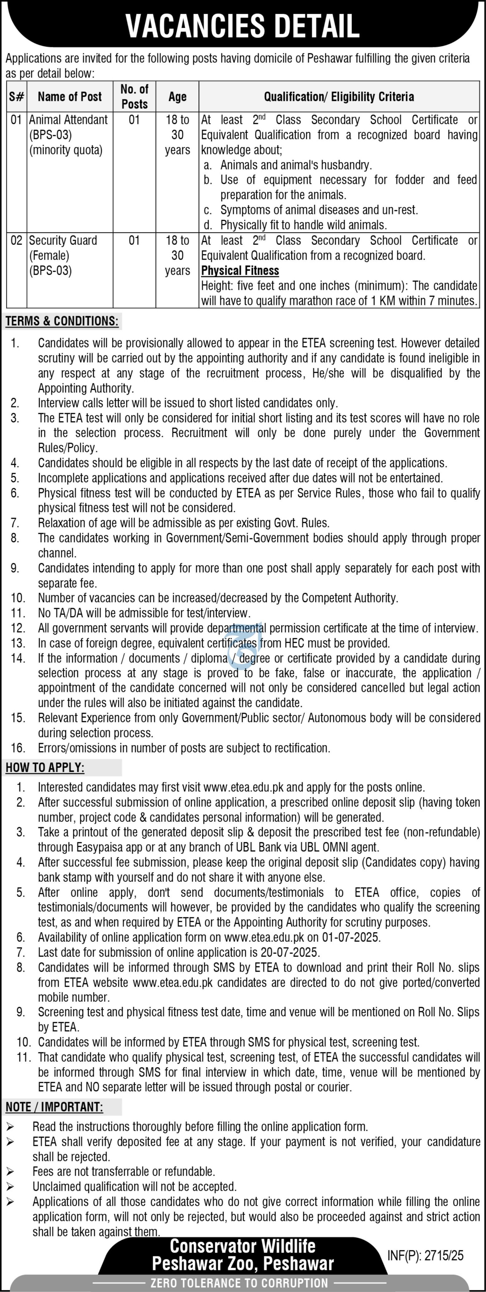 Wildlife Peshawar Zoo Peshawar Jobs 2025 – Forestry, Environment & WildLife Department KPK Jobs 2025 — original advertisement