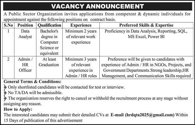 Public Sector Organization Quetta Jobs 2025 Jobs 2025 — original advertisement
