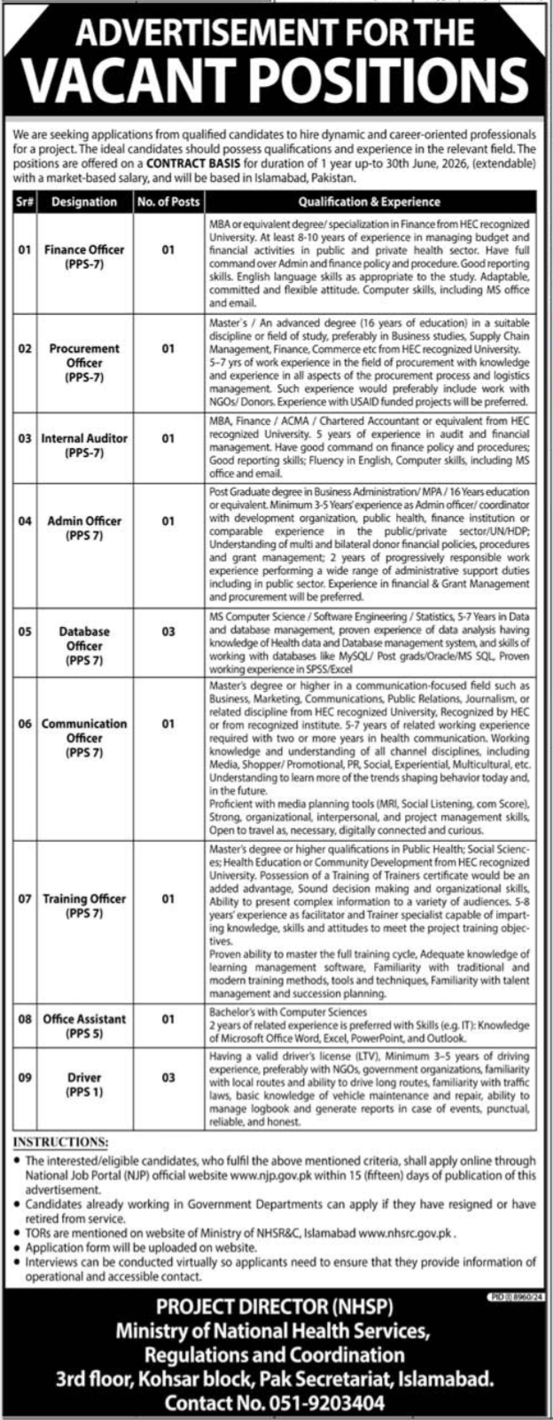 Ministry Of National Health Services Islamabad Jobs 2025 – Ministry of National Health Services Regulation and Coordination Jobs 2025 — original advertisement