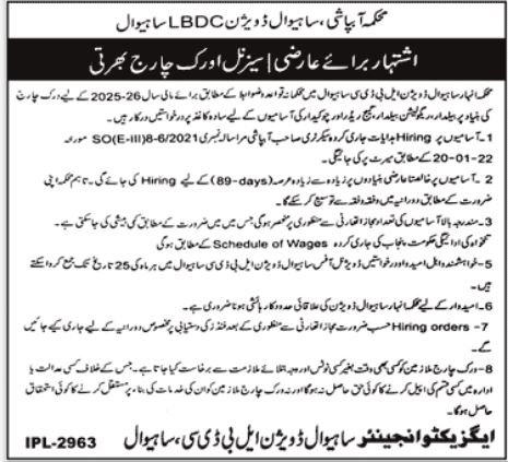 Irrigation Department Sahiwal Jobs 2025 – Irrigation Department Punjab Jobs 2025 — original advertisement