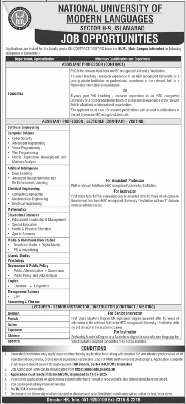 National University Of Modern Languages NUML Islamabad Jobs – National University of Modern Languages Islamabad Jobs 2025 — original advertisement