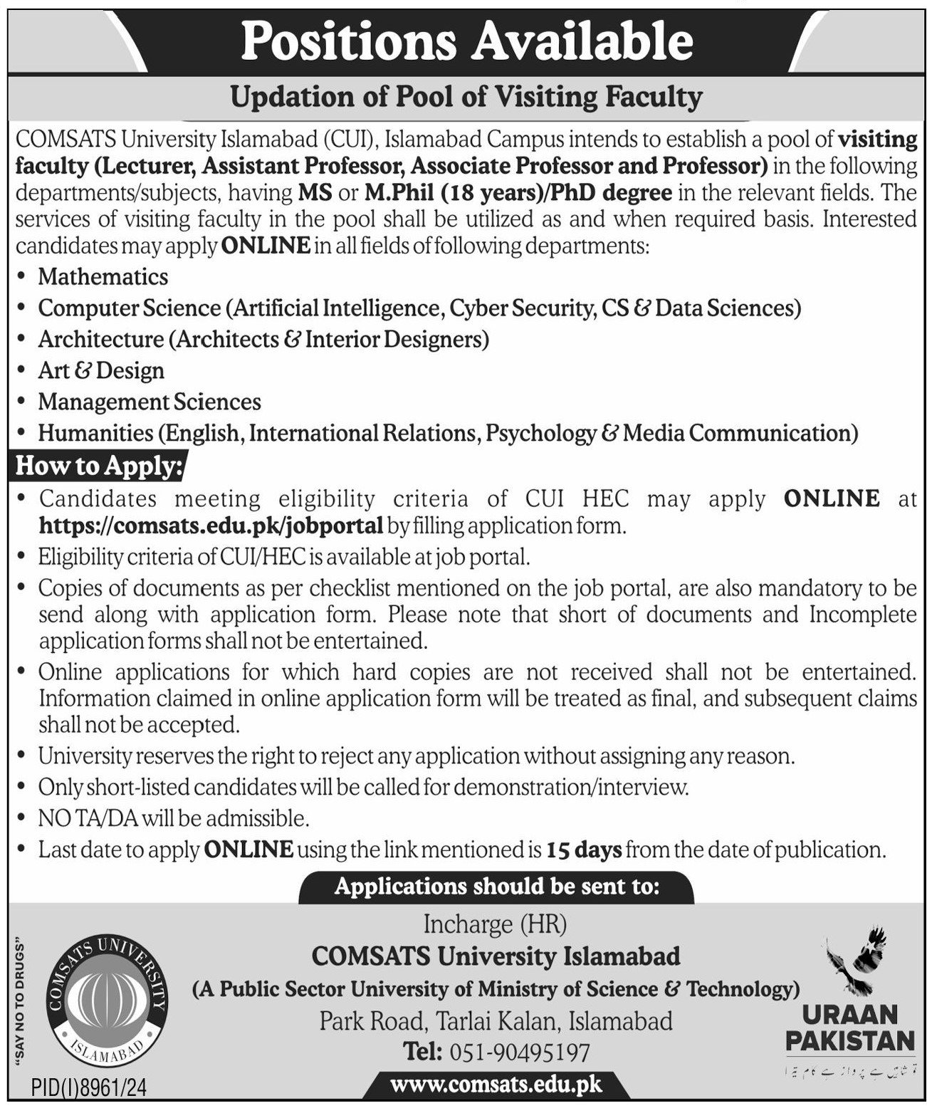 COMSATS University Islamabad CUI Jobs 2025 For Lecturers Jobs 2025 — original advertisement