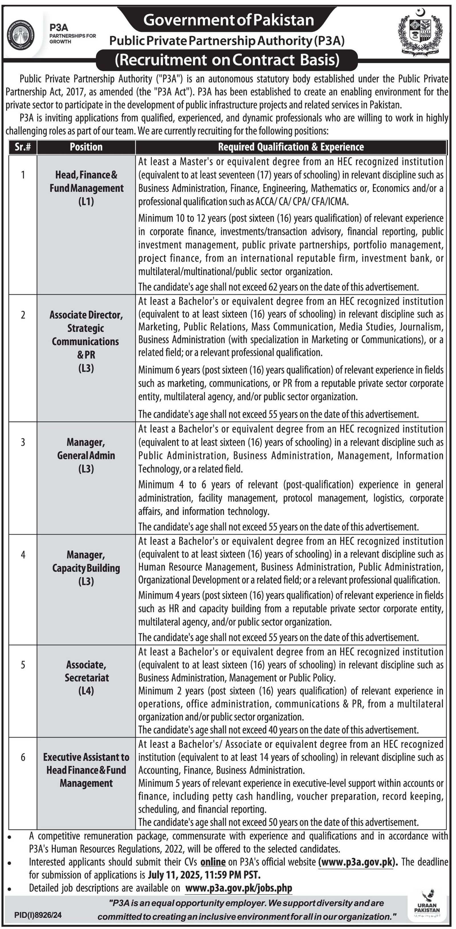 P3A Public Private Partnership Authority Islamabad Jobs 2025 – Punjab Public Private Partnership Authority (PPPA) Jobs 2025 — original advertisement