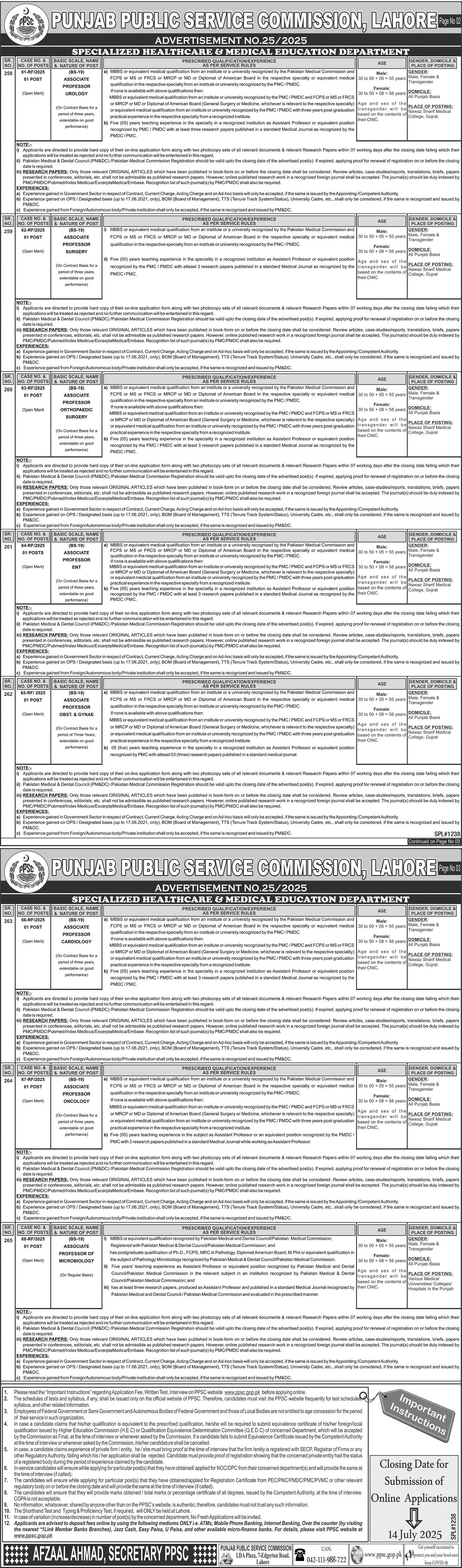Punjab Public Service Commission PPSC Jobs 25/2025 – Punjab Public Service Commission Lahore Jobs 2025 — original advertisement