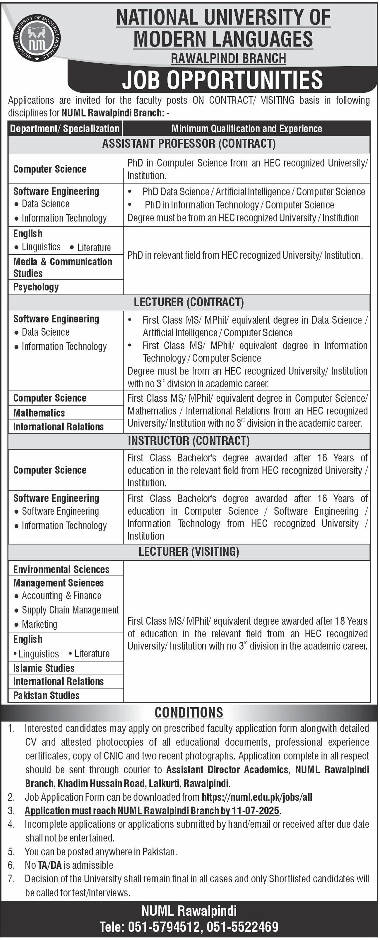 NUML University Rawalpindi Branch Jobs 2025 For Lecturer – National University of Modern Languages Islamabad Jobs 2025 — original advertisement