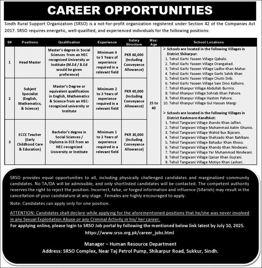 Sindh Rural Support Organization SRSO Jobs 2025 – Public Sector Organization Jobs 2025 — original advertisement