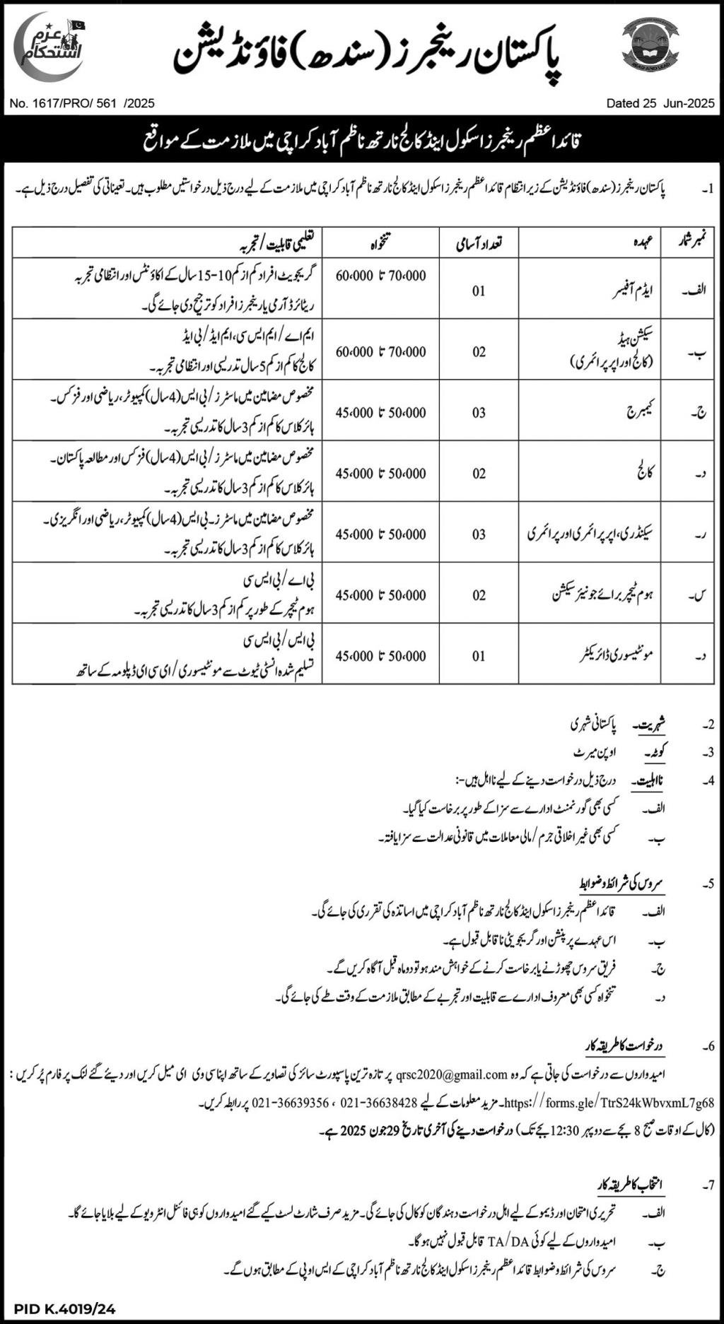 Pakistan Rangers Sindh Foundation Jobs 2025 – Sindh Rangers Jobs 2025 — original advertisement