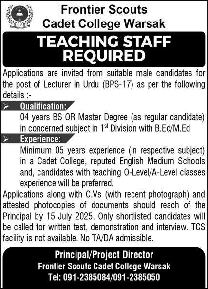 Frontier Scouts Cadet College Warsak FSCCW Jobs 2025 – Cadet College Warsak Peshawar Jobs 2025 — original advertisement