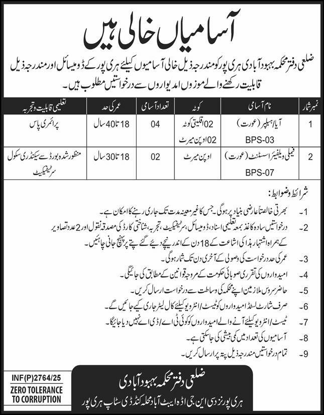 Population Welfare Department PWD Haripur Jobs 2025 – Population Welfare Department KPK Jobs 2025 — original advertisement