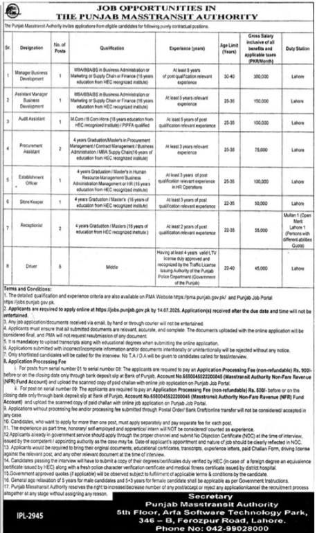 The Punjab Masstransit Authority Lahore Jobs 2025 Jobs 2025 — original advertisement