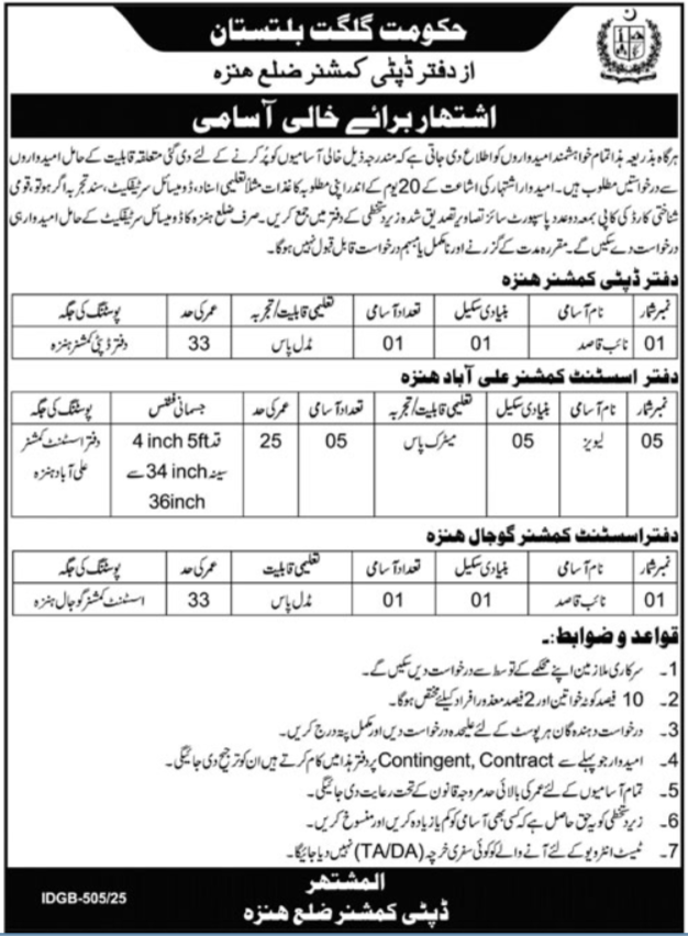Deputy Commissioner Office Hunza Jobs 2025 – Revenue Department Gilgit Baltistan Jobs 2025 — original advertisement