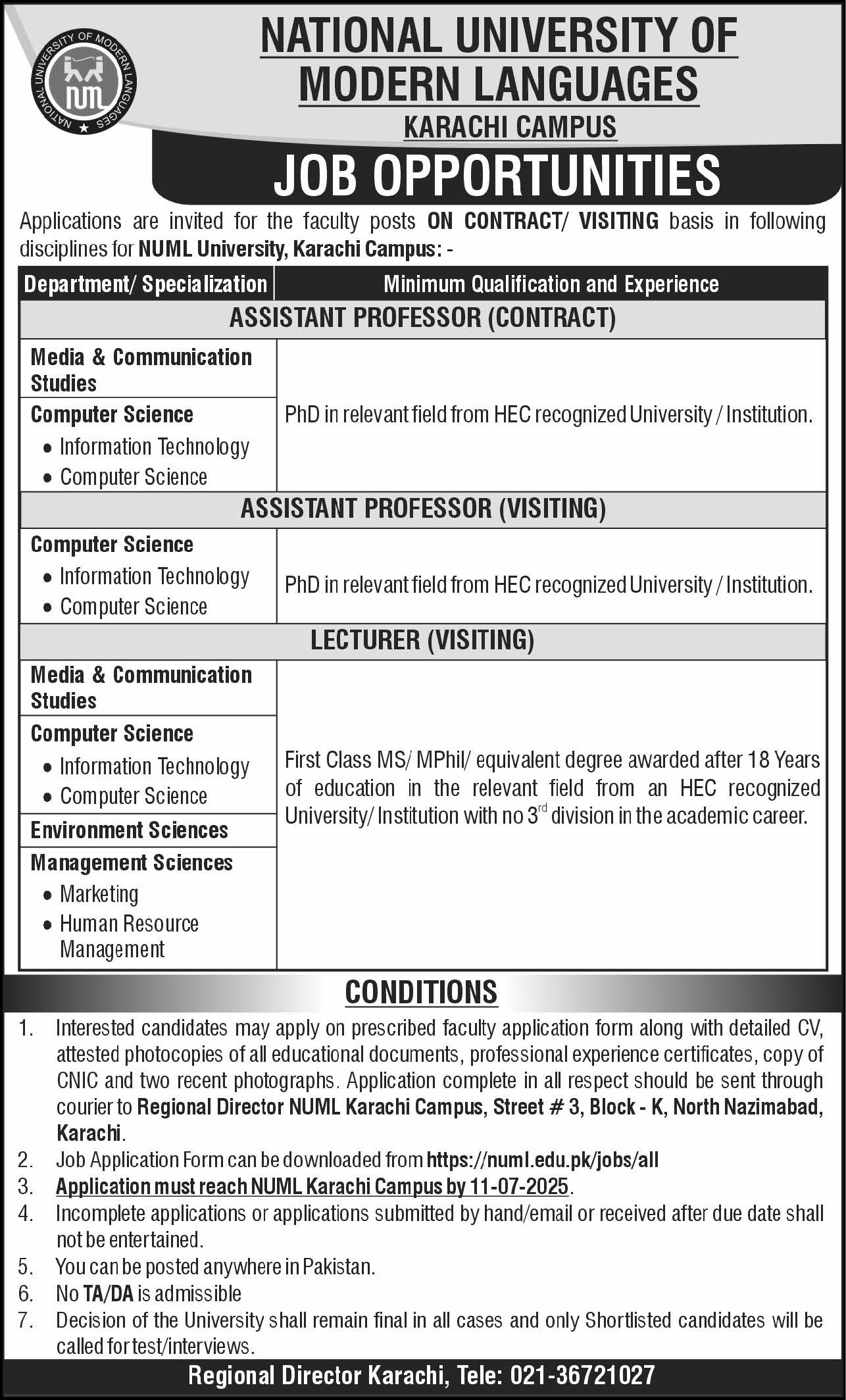 National University of Modern Languages NUML Karachi Jobs – National University of Modern Languages Islamabad Jobs 2025 — original advertisement