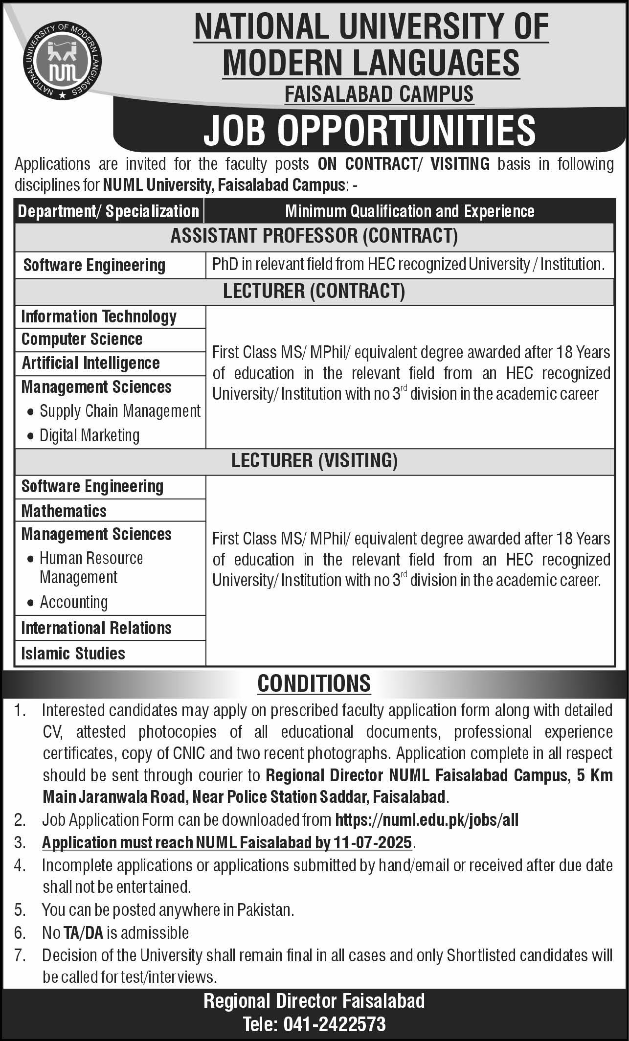 NUML Fasialabad Punjab Jobs 2025 – National University of Modern Languages Islamabad Jobs 2025 — original advertisement