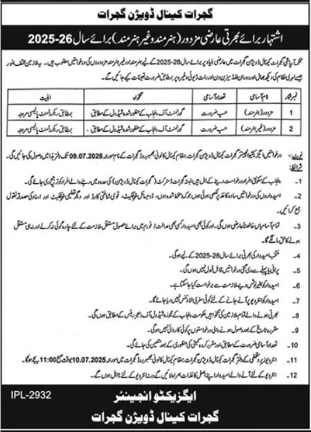 Canal Division Gujrat Jobs 2025 – Irrigation Department Punjab Jobs 2025 — original advertisement