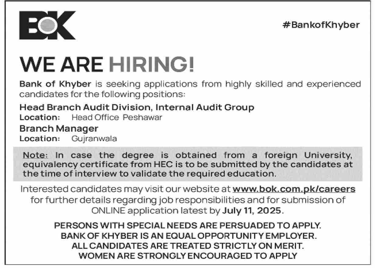 The Bank Of Khyber BOK Peshawar Jobs 2025 Jobs 2025 — original advertisement