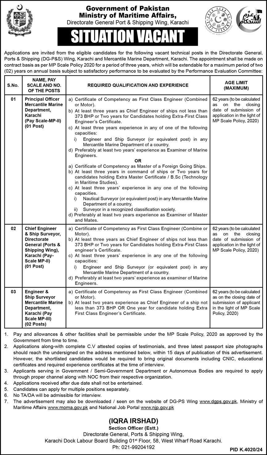 Directorate General Port & Shipping Wing Karachi Jobs 2025 – Ministry of Maritime Affairs Jobs 2025 — original advertisement