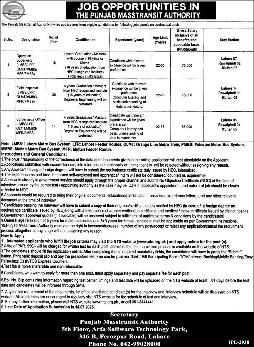 Punjab Masstransit Authority PMA Lahore Jobs 2025 Jobs 2025 — original advertisement