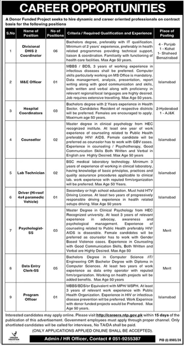National TB Control Program NTP Islamabad Jobs 2025 – Public Sector Organization Jobs 2025 — original advertisement