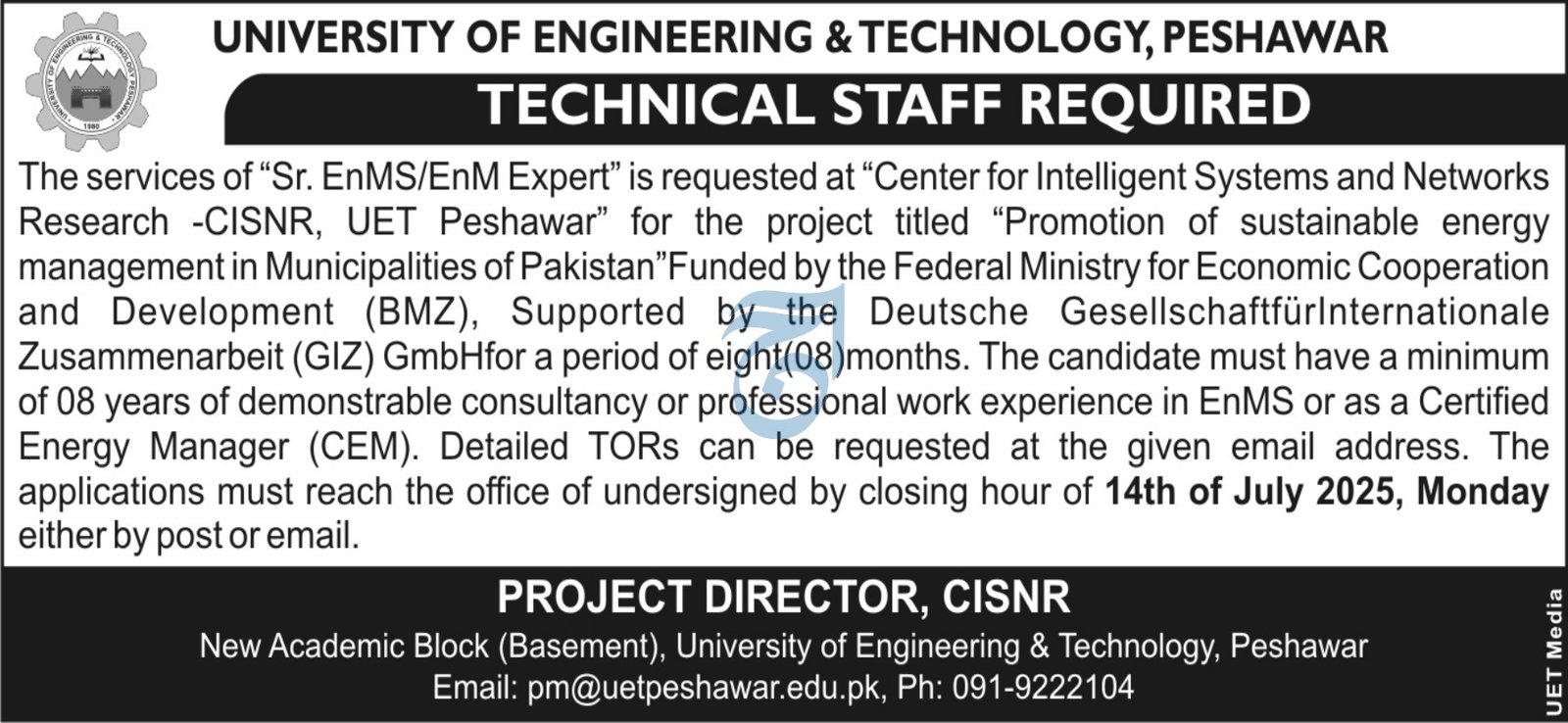 University of Engineering and Technology UET Jobs 2025 – University of Engineering and Technology Peshawar Jobs 2025 — original advertisement