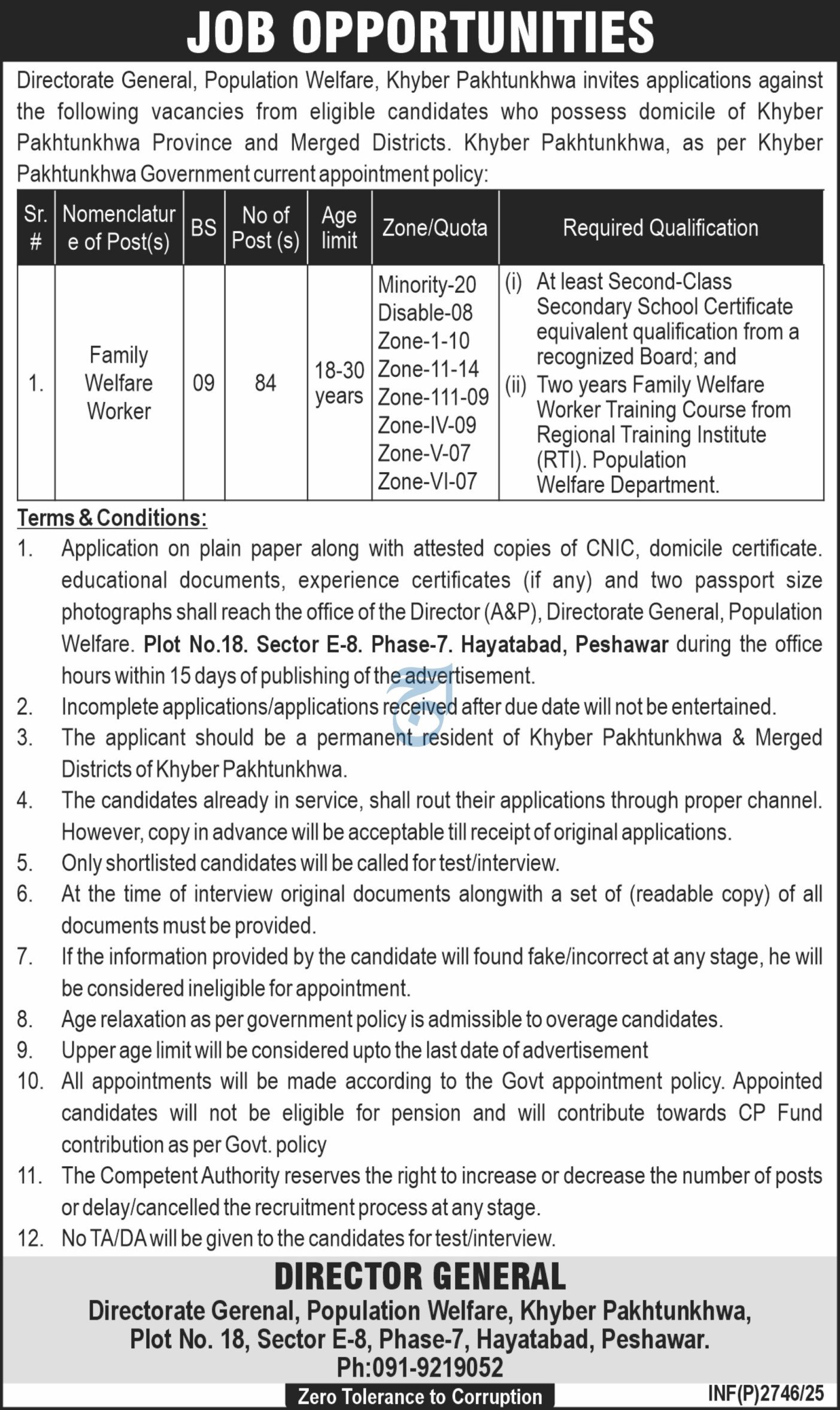 Family Welfare Worker Jobs At Population Welfare Department – Population Welfare Department KPK Jobs 2025 — original advertisement