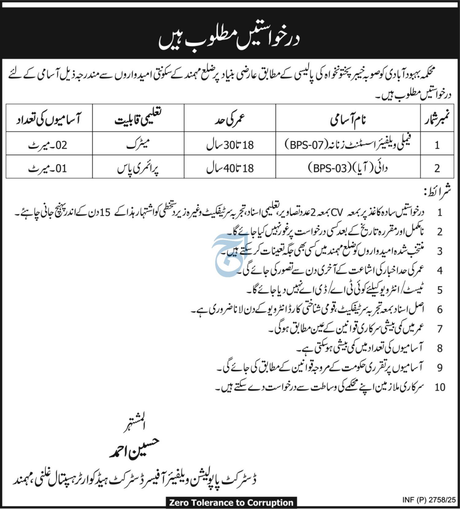 Population Welfare Department Mohmand KPK Jobs 2025 – Population Welfare Department Balochistan Jobs 2025 — original advertisement