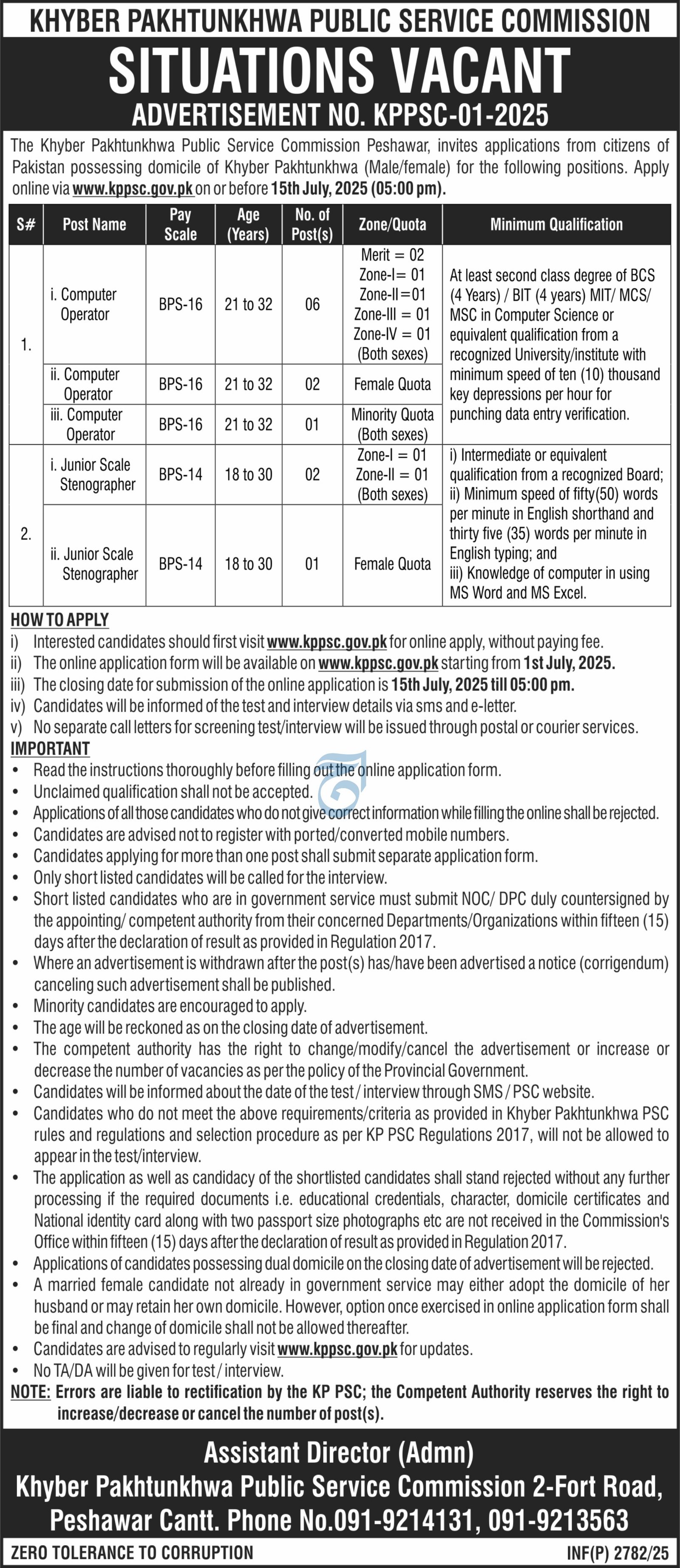 Advertisement No 01/2025 For Jobs At KPPSC – Khyber Pakhtunkhwa Public Service Commission Jobs 2025 — original advertisement