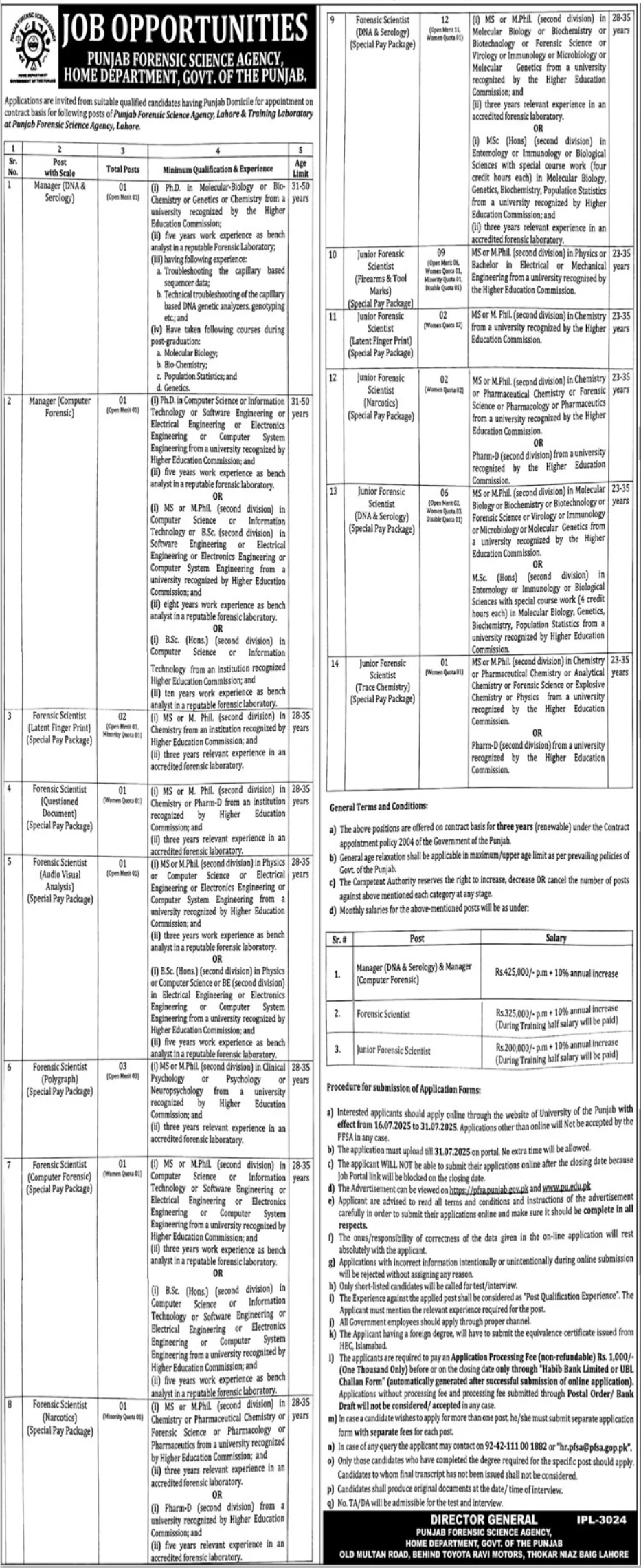 Punjab Forensic Science Agency Jobs 2025 – Punjab Forensic Science Agency PFSA Jobs 2025 — original advertisement