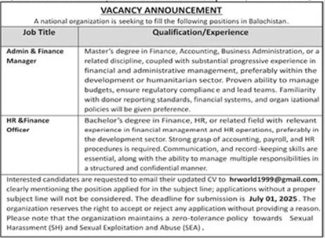 National Organization Quetta Jobs 2025 – Public Sector Organization Jobs 2025 — original advertisement