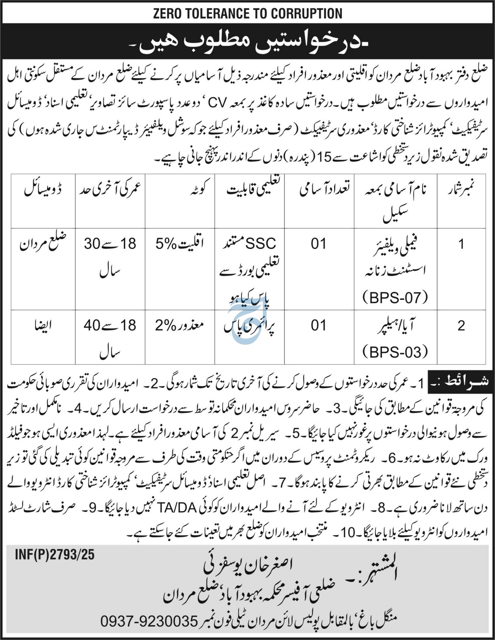 Population Welfare Departmen Mardan Jobs 2025 – Population Welfare Department KPK Jobs 2025 — original advertisement