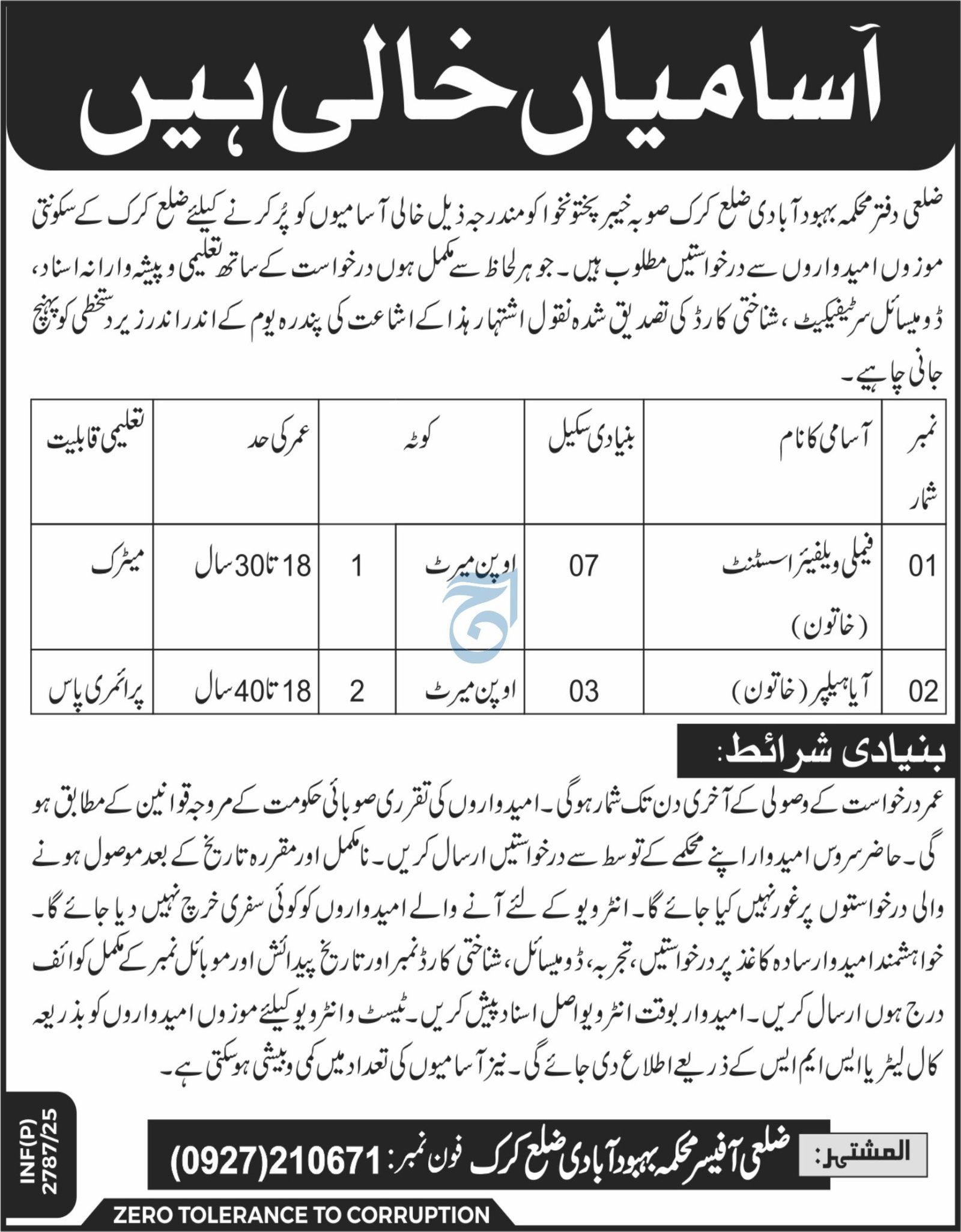Population Welfare Departmen Karak Jobs 2025 – Population Welfare Department KPK Jobs 2025 — original advertisement