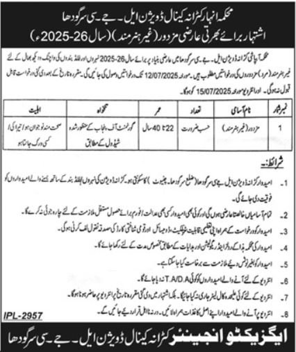 Irrigation Department Canal Division LJC Sargodha Jobs 2025 – Irrigation Department Punjab Jobs 2025 — original advertisement