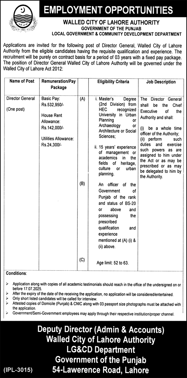 Walled City Of Lahore Authority Jobs 2025 – Walled City Of Lahore Authority WLCA Jobs 2025 — original advertisement