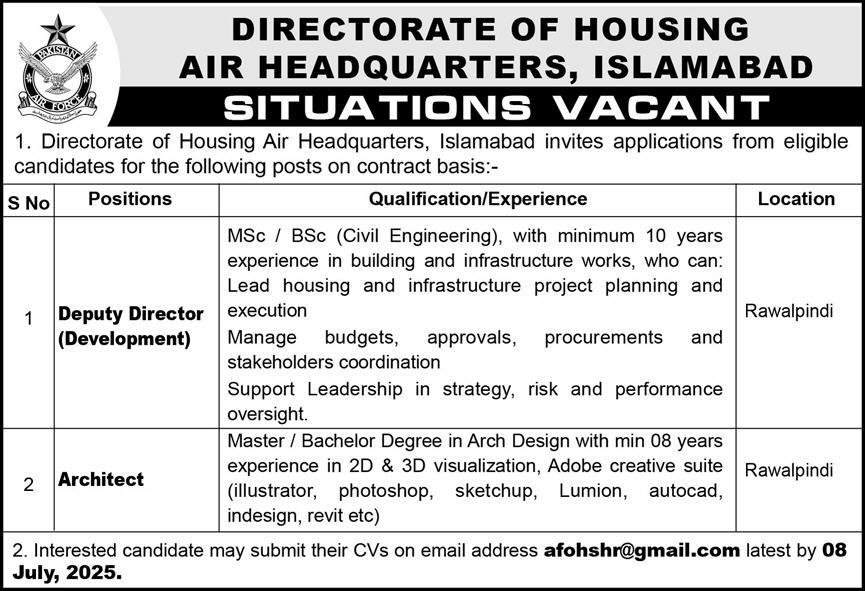Directorate of Housing Air Headquaters Islamabad Jobs 2025 – Directorate of Housing Air Headquarters Islamabad Jobs 2025 — original advertisement