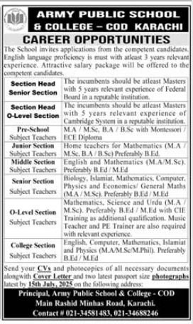 Army Public School & College Cod Karachi Jobs 2025 – Army Public School & College Paksitan Jobs 2025 — original advertisement