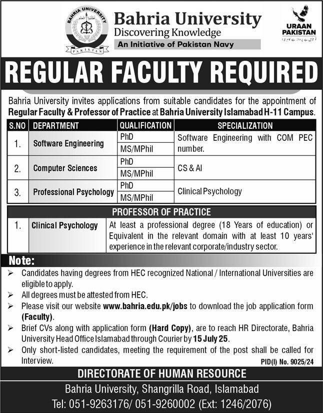 Bahria University Islamabad Jobs 2025 Jobs 2025 — original advertisement